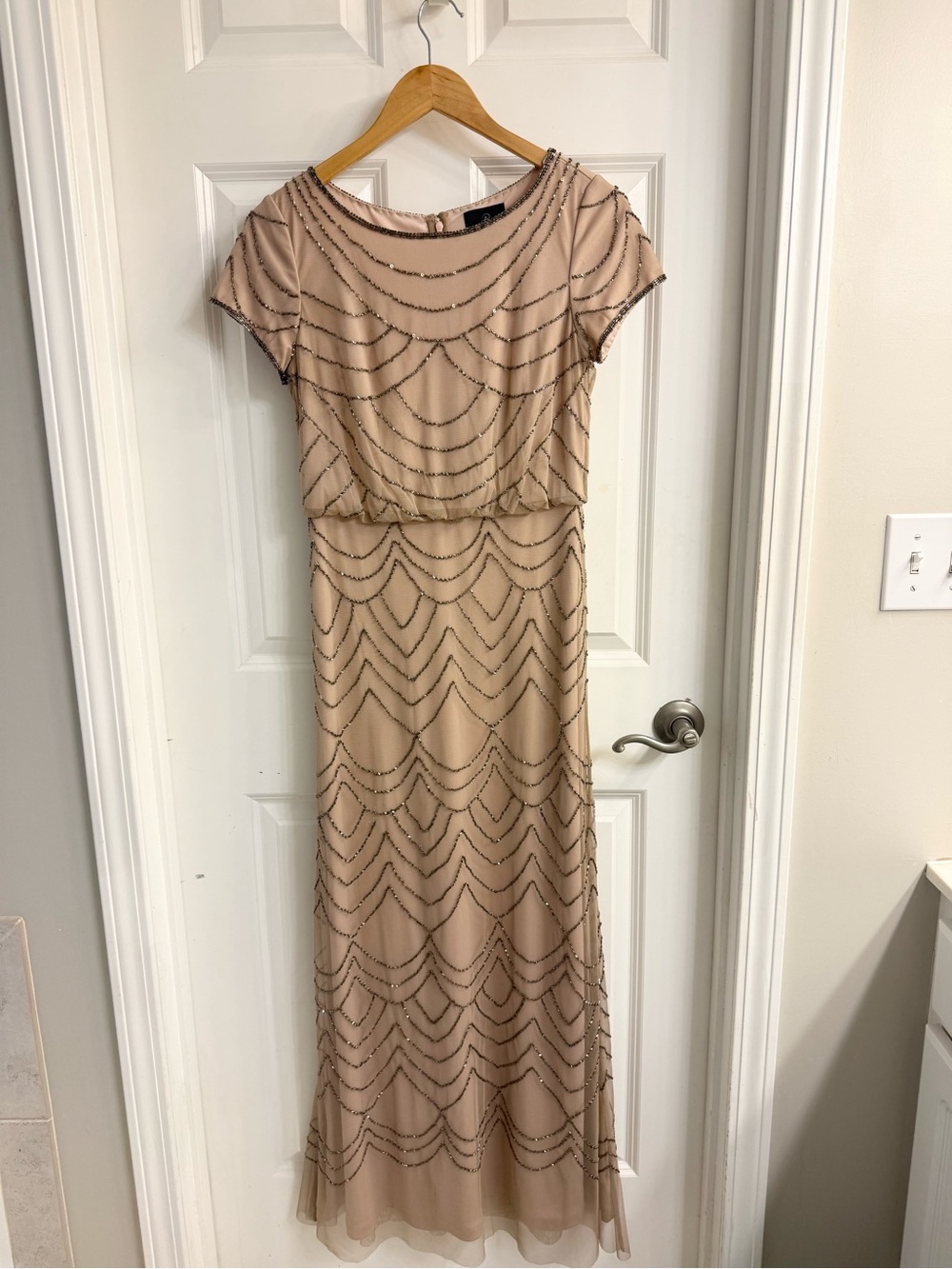 Adrianna Papell Nude Beaded Scallop-Pattern Maxi Dress